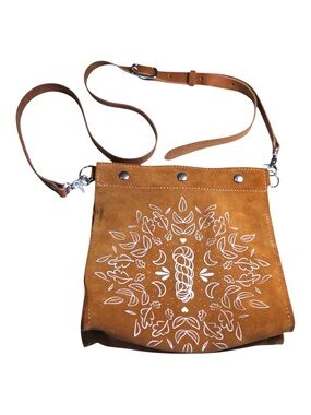 Tan Suede Leather Project Bag Twill & Print Knitting Craft Purse Boho Western